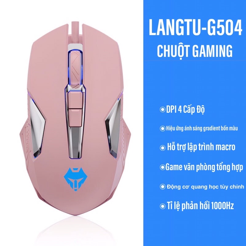 COMBO Bàn Phím Chuột Máy Laptop Gaming Có Dây LANGTU L01 G504 LED Xuyên Chữ Giảm Tiếng Ồn Màu Hồng Rễ Thương Cute Kute