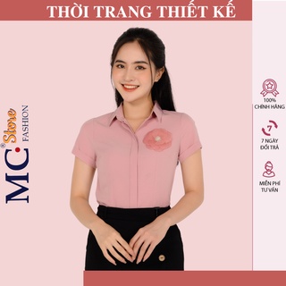 Áo Sơ Mi Nữ Đẹp Mc Fashion, Kẻ Sọc Caro, Tay Ngắn Cộc, Màu Vàng A650, Trắng Hồng Có Hoa Cài Ngực, Công Sở