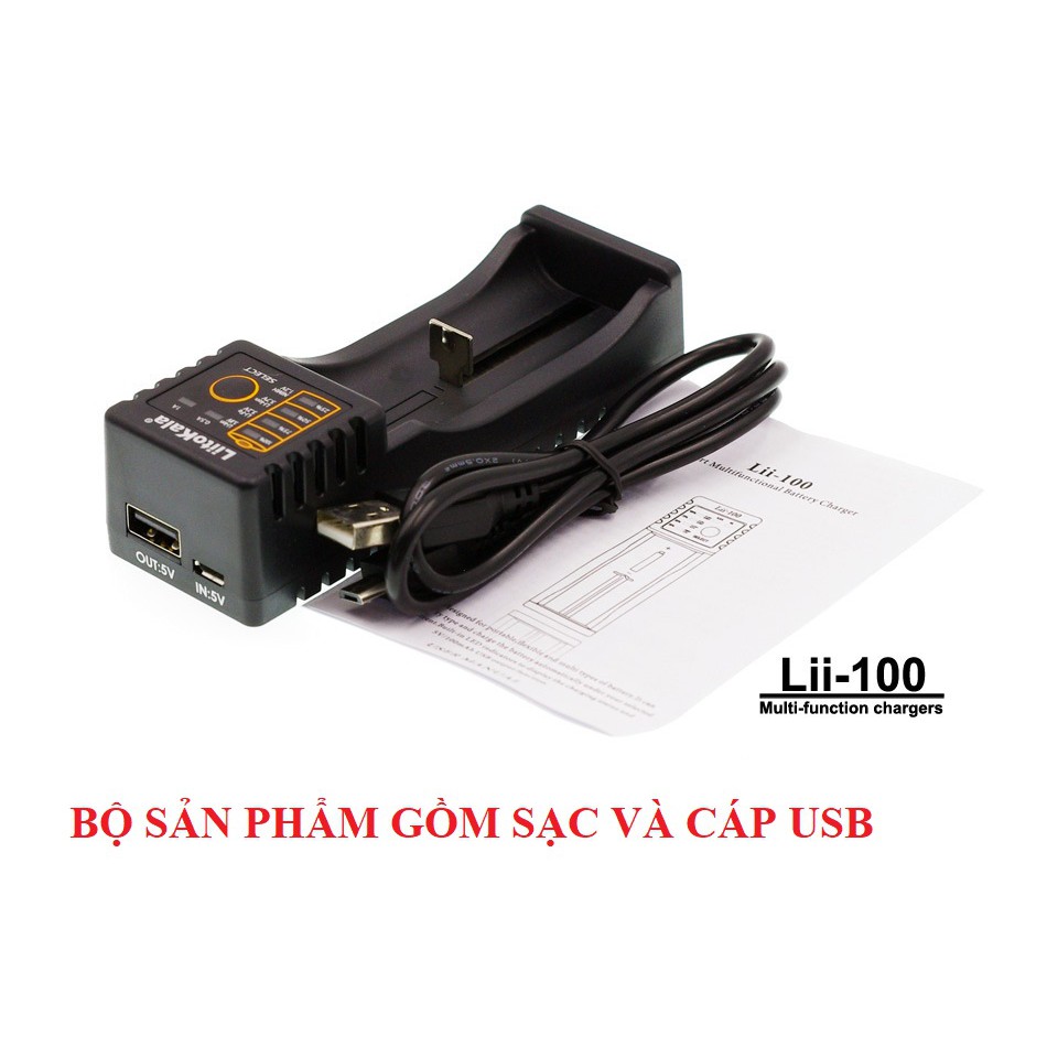 Sạc đa năng pin 3.7v Liitokala Lii-100 kèm dây sạc phù hợp pin 18650 18490, 18350, 17670, 17500, 16340