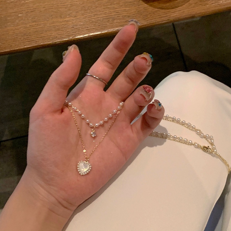 Vòng cổ Hợp Kim Mặt Trái Tim Đôi Đính Hạt Ngọc Trai Dễ Thương Cho Nữ