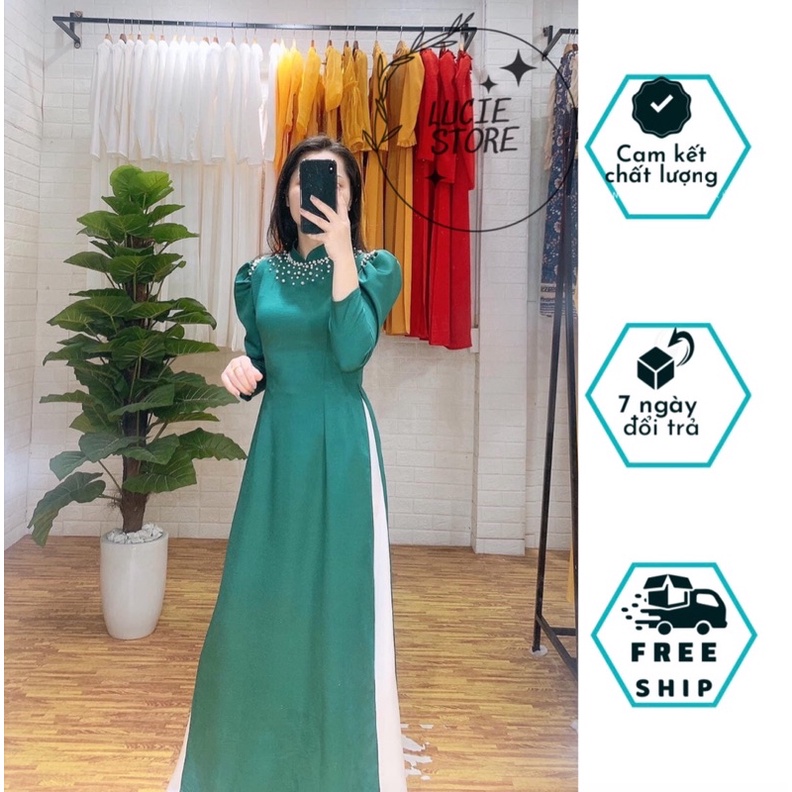 Áo dài Lucie thiết kế, mẫu áo dài xanh rêu đính kết hạt tay lỡ, áo dài cổ truyền thống tay bồng đính ngọc.