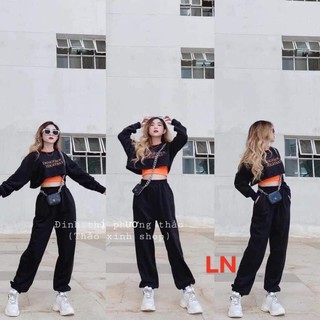 set áo croptop dài tay HIGHWAY + quần bom chun gấu LN55