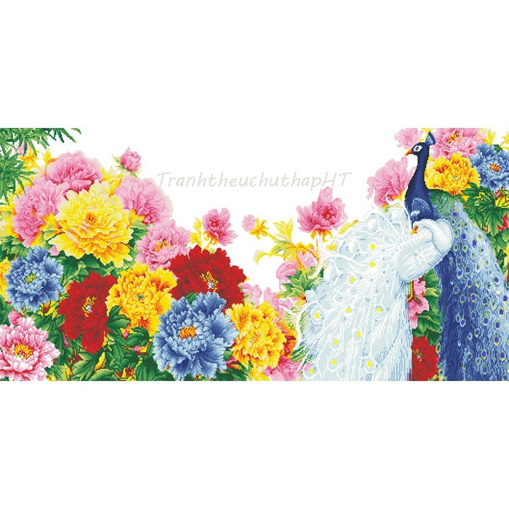 Tranh thêu chữ thập 3D con công hoa mẫu đơn 133*63cm LV3201