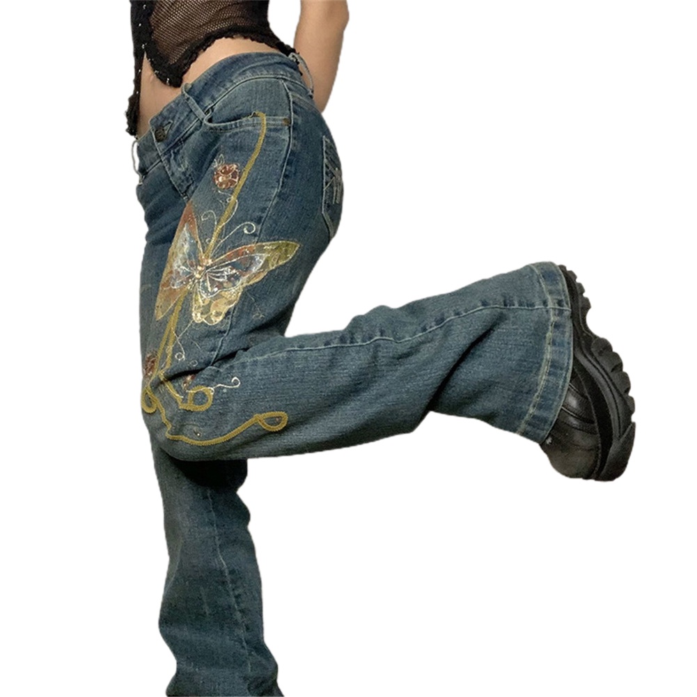 Quần Jeans Baggy Y2K Lưng Thấp Có Túi In Họa Tiết Bướm Retro Cho Nữ