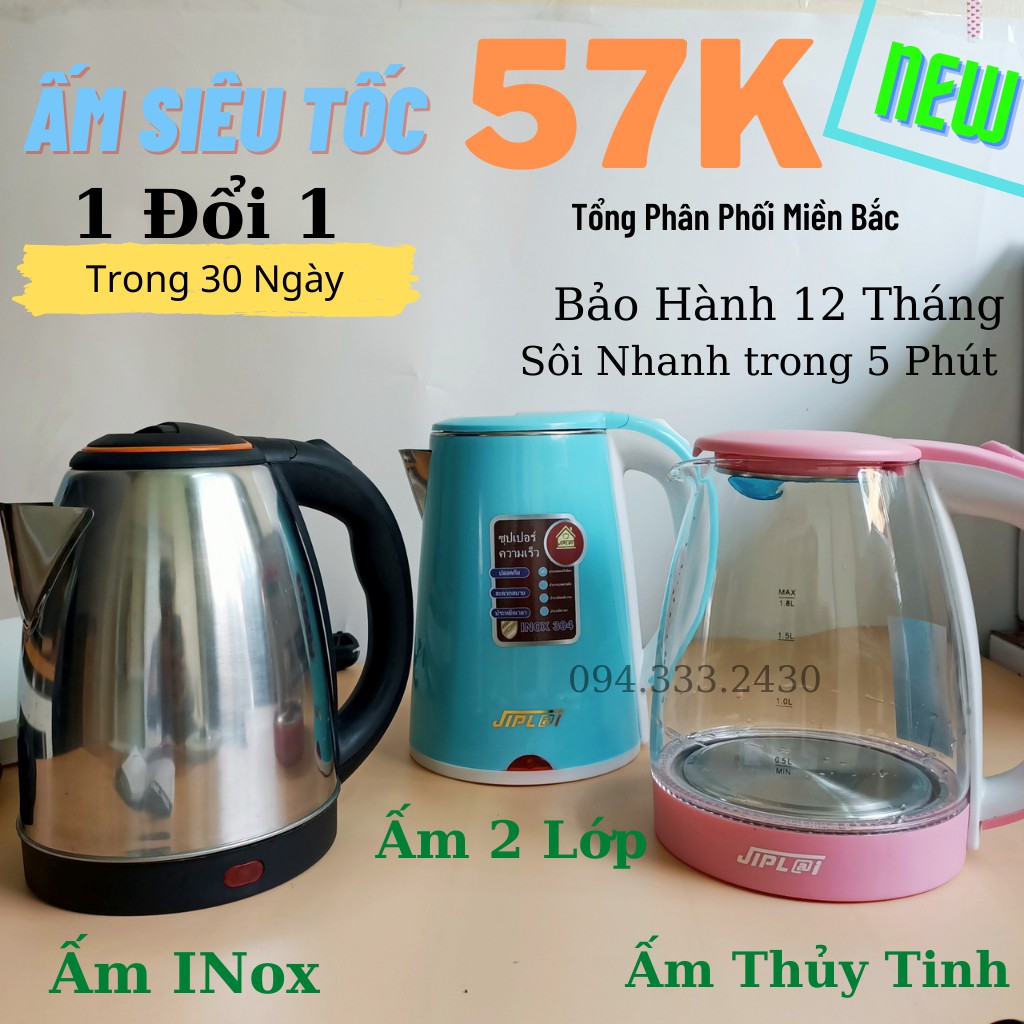 Ấm Siêu Tốc Thủy Tinh Jiplai Thái Lan -Ấm Siêu Tốc 2 lớp jiplai- ấm Đun Siêu Tốc Mini Inox 1.8l-GIADUNGCHIP