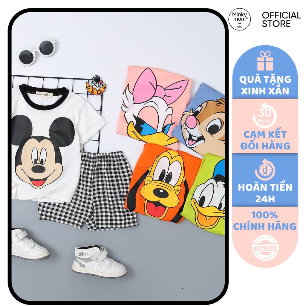 Bộ Cộc Tay Cho Bé Trai, Bé Gái Minky Mom Vải Thun Lạnh Hoạ Tiết Hoạt Hình Quần Caro, Đồ Bộ Cho Bé Mặc Nhà MKM2241
