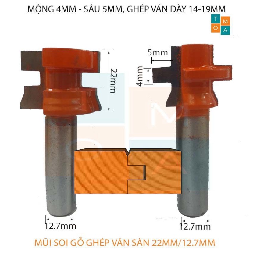 BỘ MŨI PHAY GỖ GHÉP VÁN SÀN 22MM CỐT 12.7MM MỘNG 4MM SÂU 5MM - MŨI SOI GỖ GHÉP VÁN SÀN
