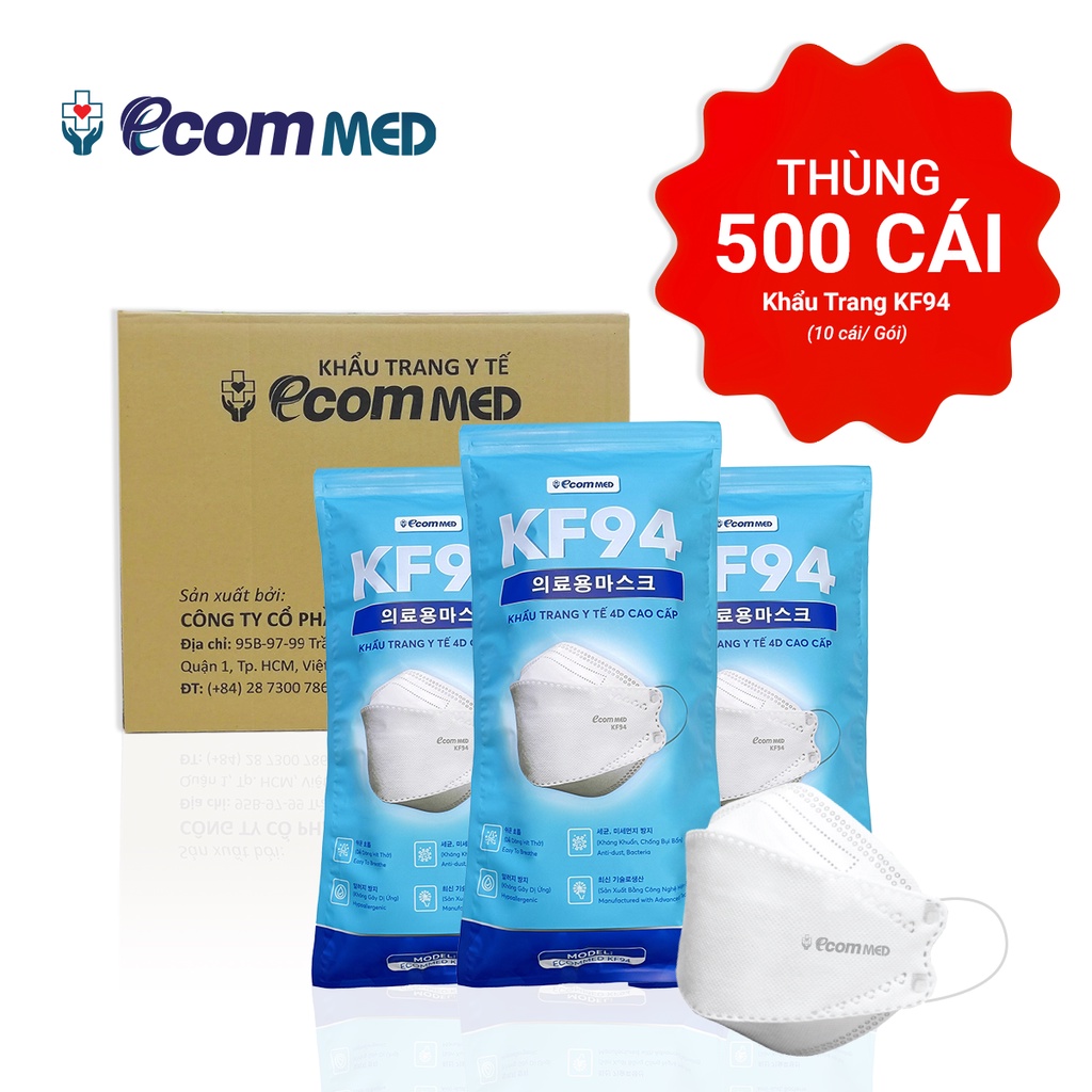 Thùng 500 Khẩu Trang KF94 EcomMed (50 Bịch) - Thông Thoáng Không Đau Tai - Đạt Chuẩn FDA Hoa Kỳ