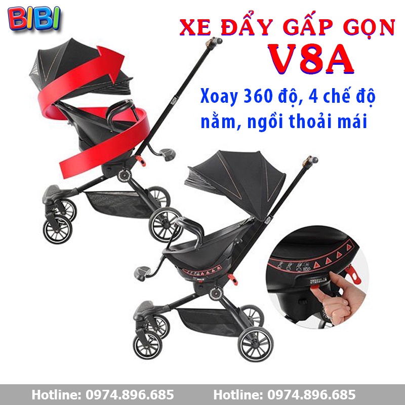 Xe đẩy gấp gọn V5B, V8A 2 chiều ghế xoay 360 độ, 4 chế độ ngồi nằm cho bé từ 3 tháng đến 6 tuổi, tải trọng 40kg