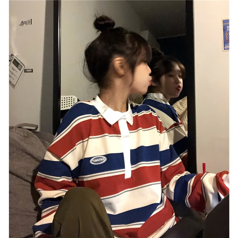 SUXI Áo thun cổ polo họa tiết kẻ sọc dáng rộng phong cách Hàn Quốc năng động cho nữ