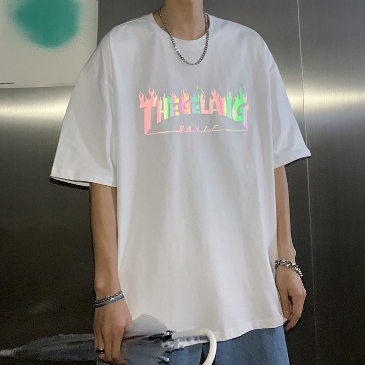 Áo thun tay ngắn in hình ngọn lửa phản quang thời trang cho nam