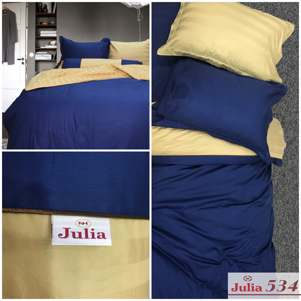 Bộ chăn ga gối drap giường màu xanh trơn cotton satin Ai Cập Julia 534