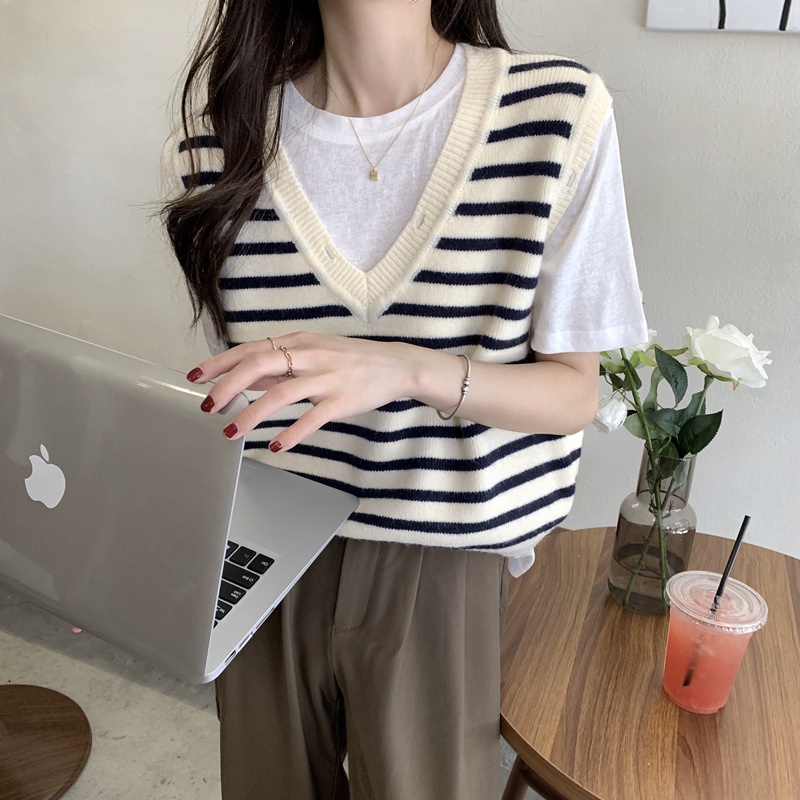 Áo dệt kim SUXI không tay dáng rộng họa tiết kẻ sọc phong cách Hàn Quốc thời trang mùa thu cho nữ