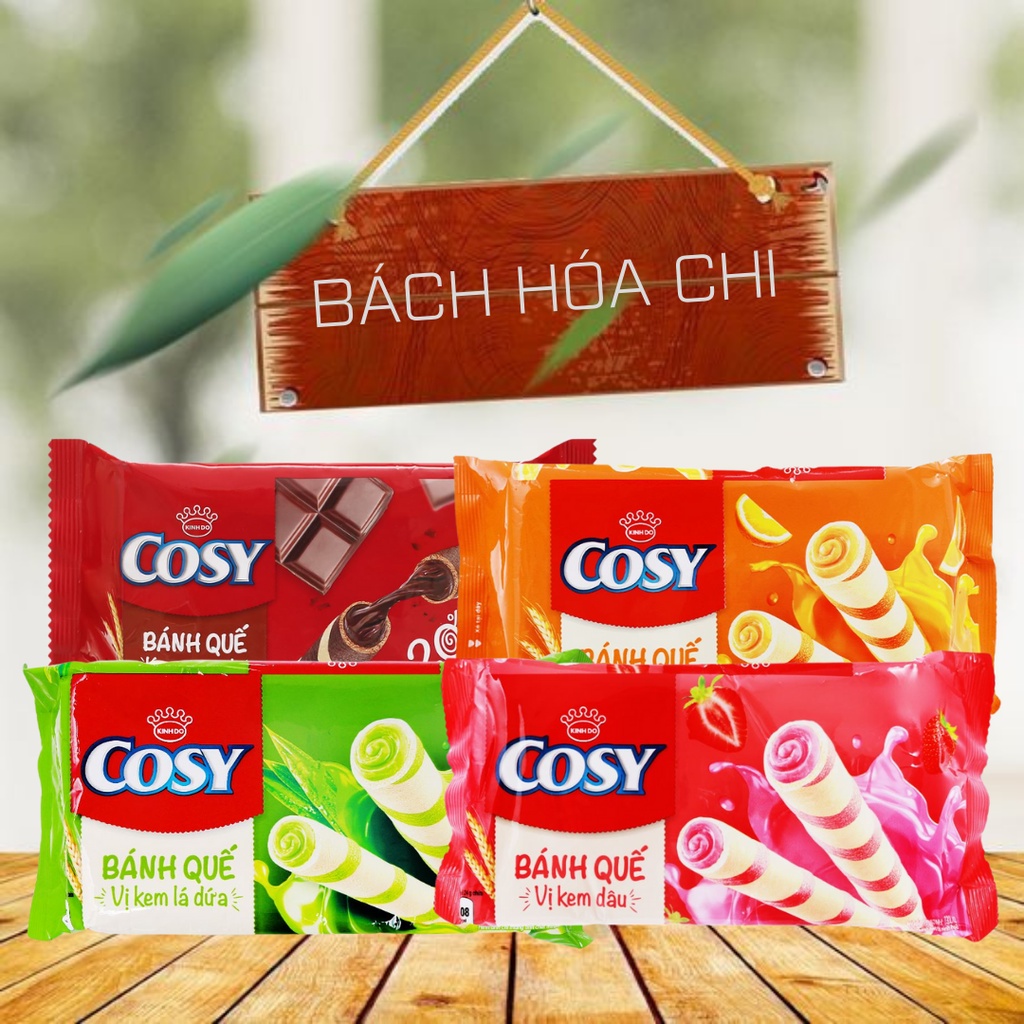 Bánh quế Cosy nhân kem socola / lá dứa / dâu / cam gói 132g