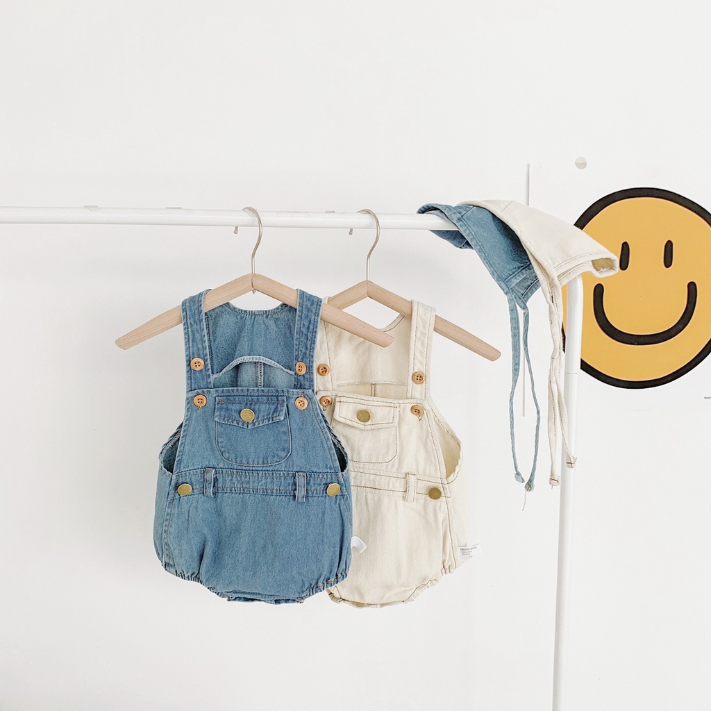Set áo liền quần denim kèm mũ thời trang dễ thương cho trẻ sơ sinh