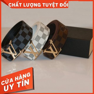 HÀNG NHẬP KHẨU -  Thắt lưng nam , dây nịt nam khóa LV vàng , dây caro đen đẹp sang chảnh - Hàng Nhập Khẩu