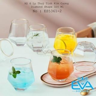Bộ 6 ly thuỷ tinh kim cương lục giác chịu nhiệt deli 320ml diamond shape wiskey glass deli es5361-2