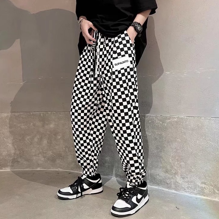 Quần ống rộng Sọc Caro Trắng Đen Thời Trang Nam Tính
