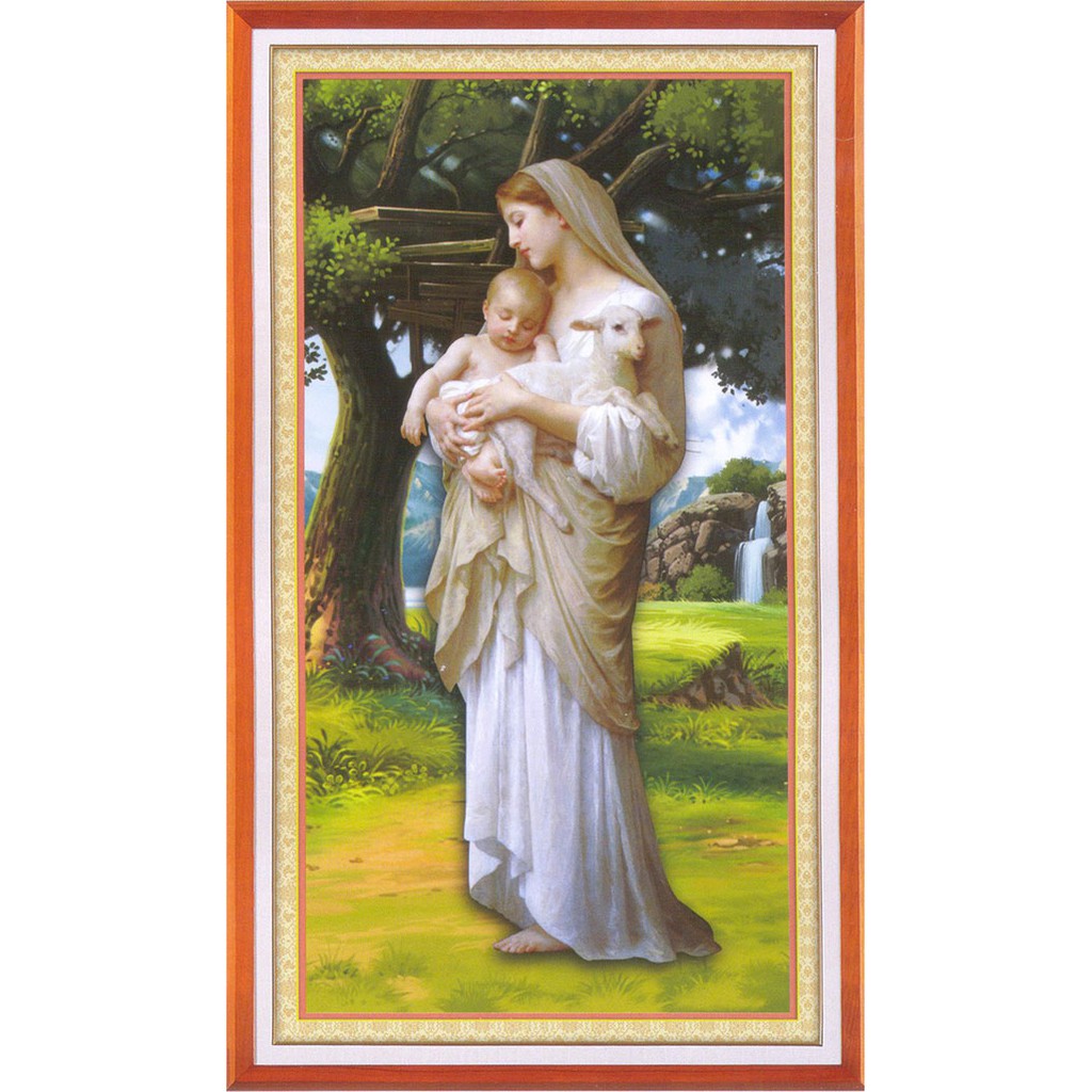 Tranh Thêu Chữ Thập 3D Đức Mẹ Maria Bồng Chúa Và Cừu Con  A1095  KT:42x74cm