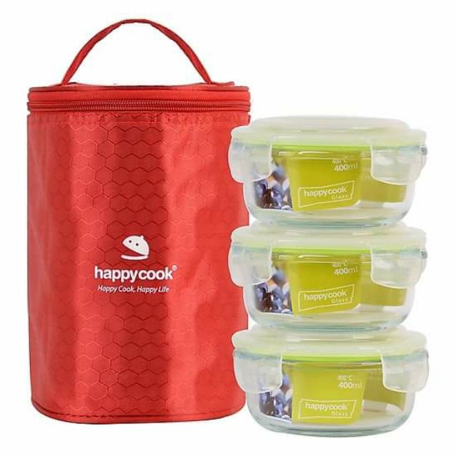 BỘ 3 HỘP THỦY TINH TRÒN KÈM TÚI GIỮ NHIỆT HAPPY COOK (400ml)