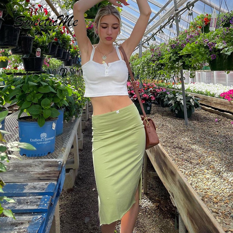 Chân Váy Xẻ Tà Lưng Thấp Màu Trơn Thời Trang Hàng Mới Dành Cho Nữ