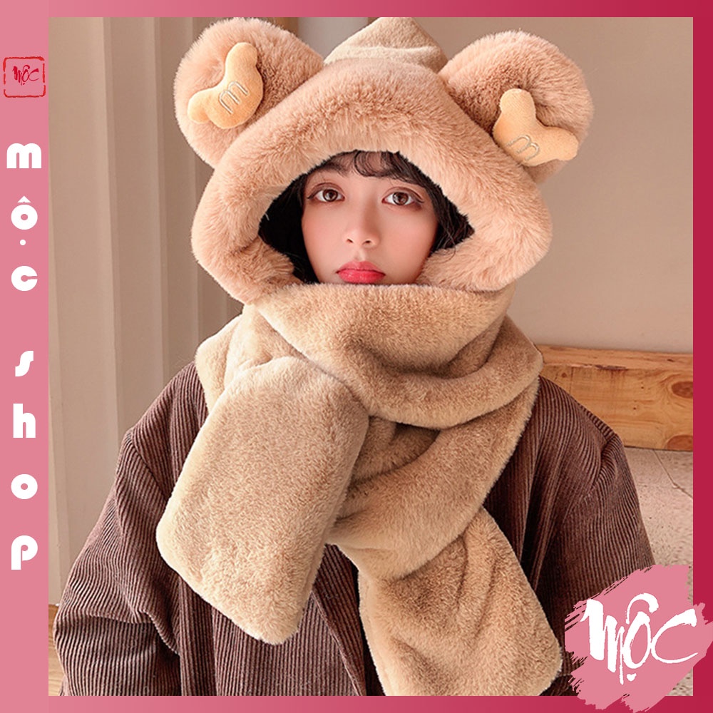 Mũ lông tai gấu kèm khăn quàng cổ và găng tay 3 in 1 ấm áp mịn màng MK01