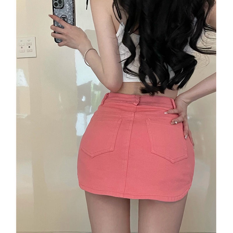 Jiashucheng Chân Váy Denim Hồng Lưng Cao Dáng Ôm Thời Trang Mùa Hè Cho Nữ