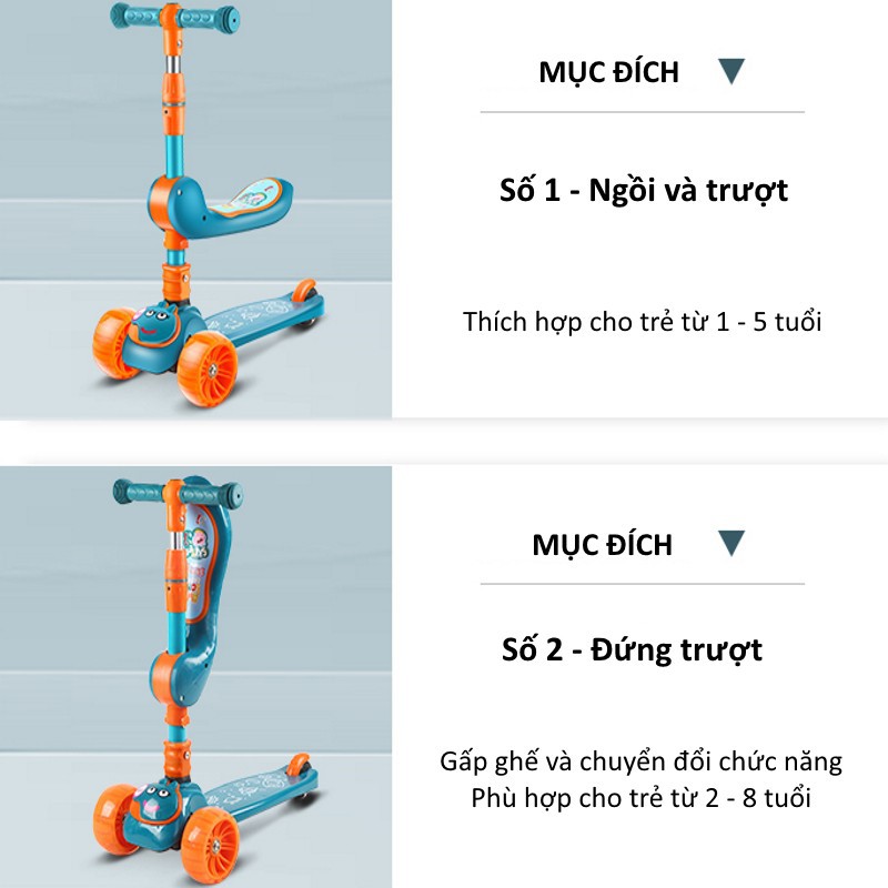 Xe trượt scooter 💥FREESHIP💥 đa năng phát sáng cho bé từ 2 đến 8 tuổi - Xe thăng bằng có nhạc, ghế nhún cho trẻ DC009