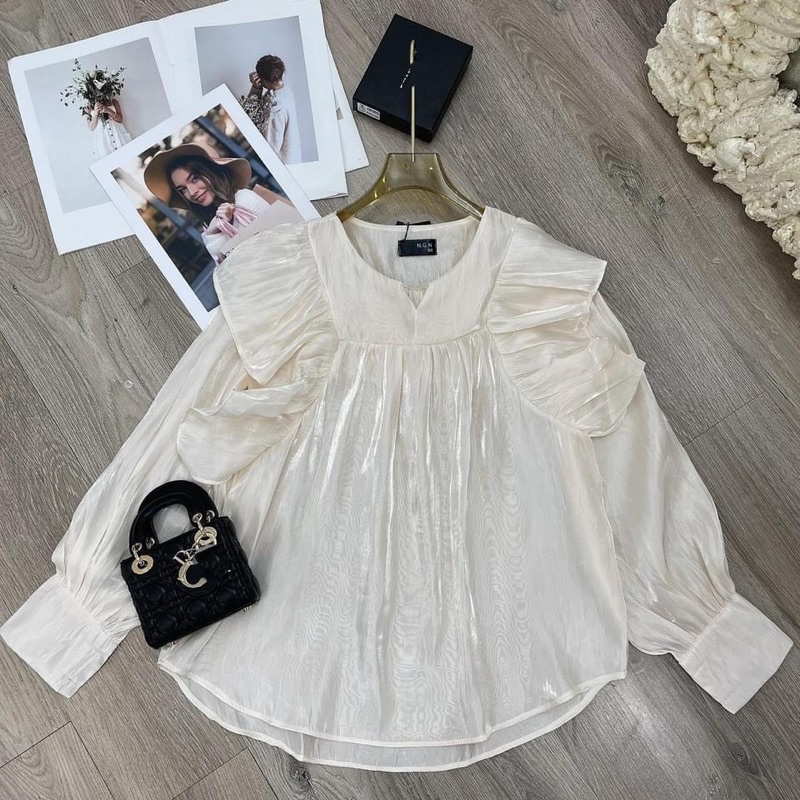 Áo sơ mi voan tơ óng dáng babydoll tay bồng phối bèo tiểu thư sang chảnh bánh bèo