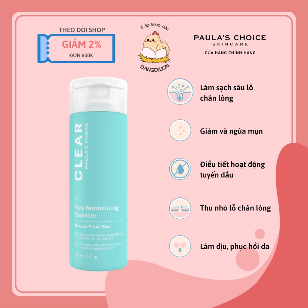 Sữa rửa mặt Paula's Choice ngừa mụn se khít lỗ chân lông CLEAR Pore Normalizing Cleanser 177ml