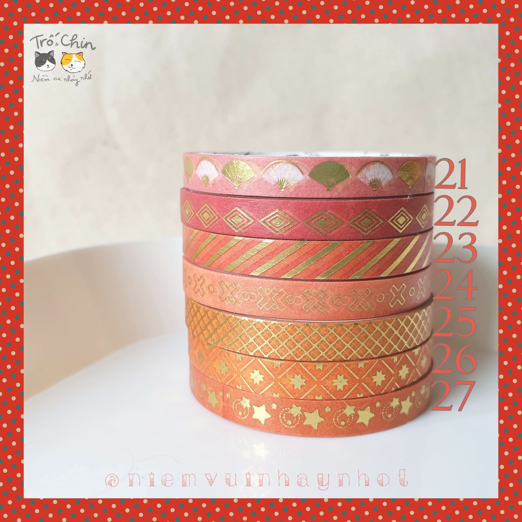 [HÀNG CÓ SẴN] [ẢNH THẬT] Washi tape nhũ ánh kim MÀU ĐỎ Gold Red Washi tape (kích thước 5mm*2m)