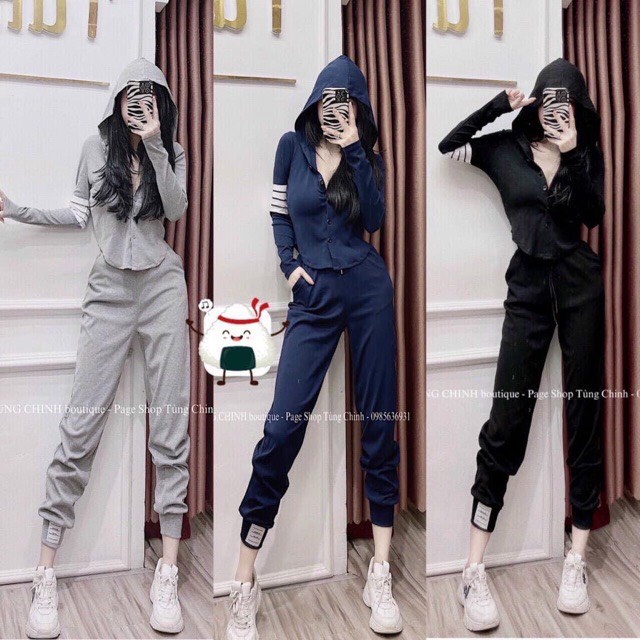 Sét thể thao thun tăm gồm quần jogger và áo dài tay. Bộ thể thao thom sọc trắng cho nữ