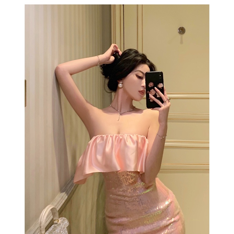 Đầm Cúp Ngực Ôm Dáng Đính Sequin Lấp Lánh Phong Cách Quyến Rũ Dành Cho Nữ