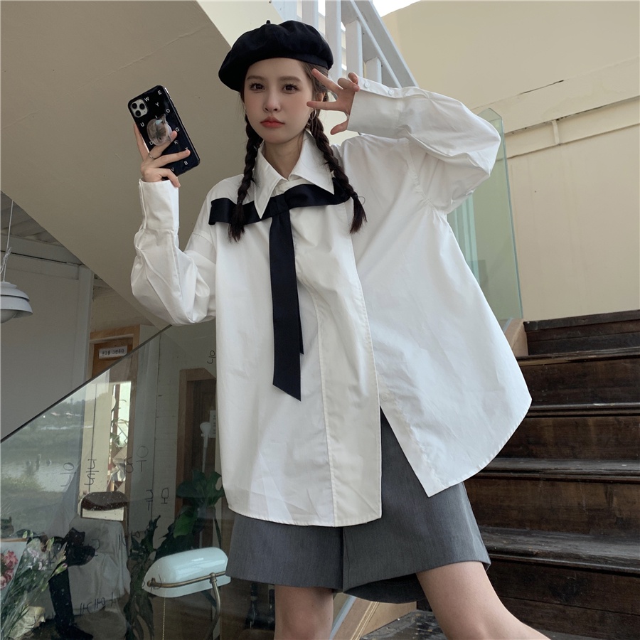 Áo Sơ Mi Tay Dài Dáng Rộng Cổ Thắt Nơ Thời Trang Cho Nữ