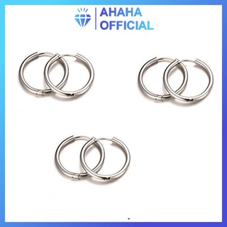 Bông tai nam inox đẹp cao cấp kiểu khoen tròn ahaha.official màu trắng thép không gỉ PTBTNA155