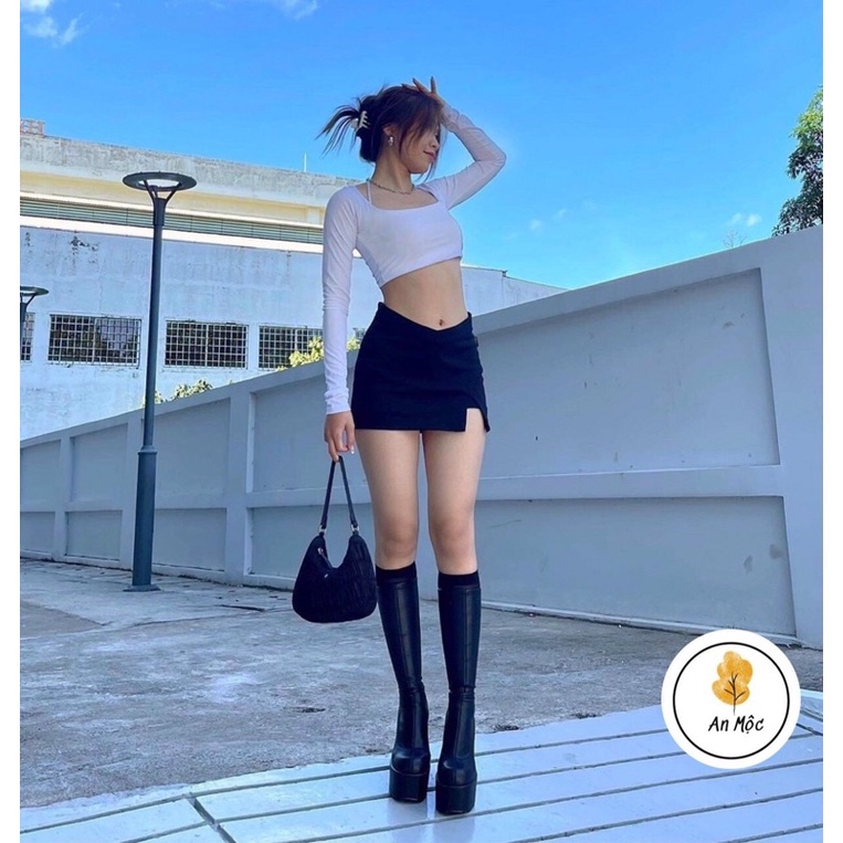 Chân váy ngắn xẻ đùi cạp chéo V cá tính cho nữ