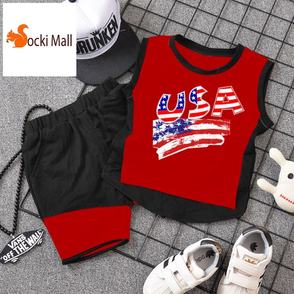 (Loại 1) Thời trang trẻ em - Đồ bộ quần áo thun bé trai, bé gái sát nách, may phối, xẻ tà (Màu đỏ) (190496)