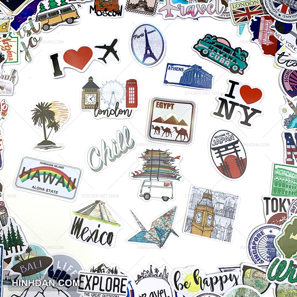 Sticker TRAVEL - DU LỊCH , tem dán Trang Trí Va li, Xe, Laptop, Nón Bảo Hiểm