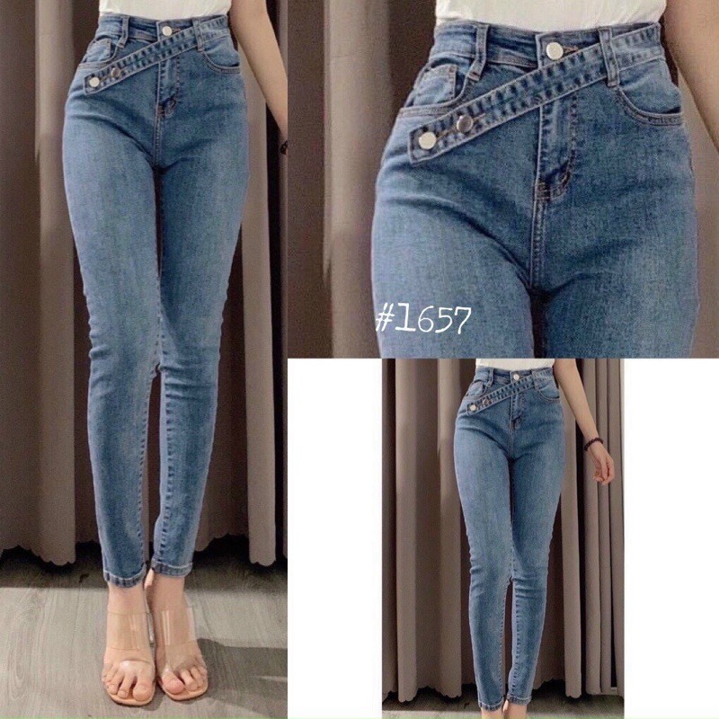 Quần jean giãn đai lệch kiểu mã M01, kèm ảnh thật trải sàn