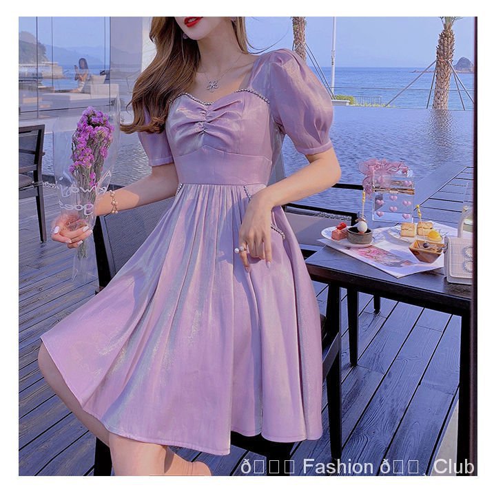 Puff Sleeve Dress Elegant Cocktail Party Birthday Dress Luxury Fairy Silk Dress Purple Violet Dress Short Long Maxi Dress