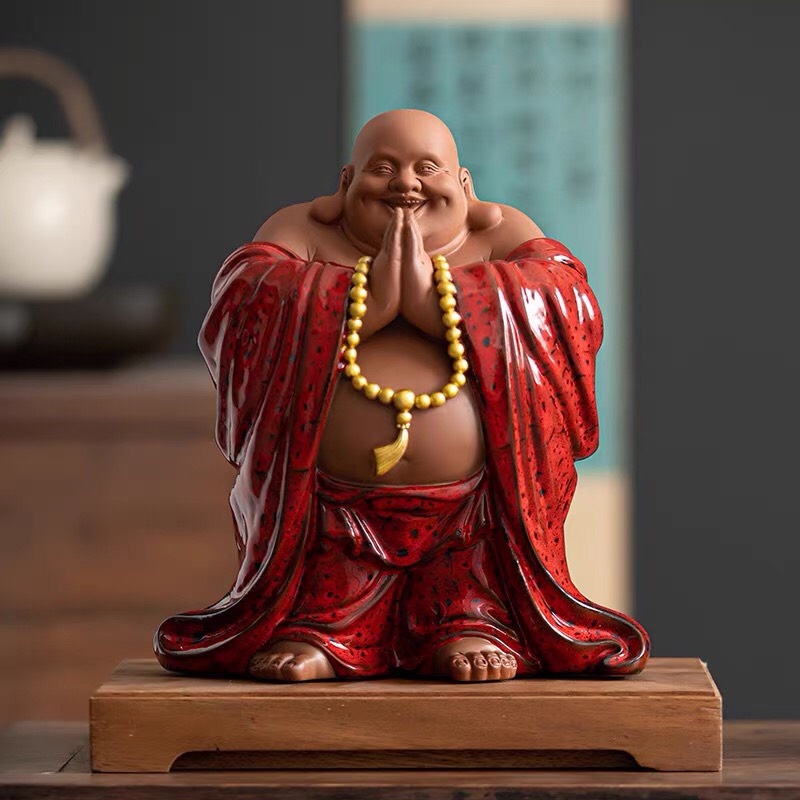 TƯỢNG DI LẶC CHÚC TÀI LỘC HOAN HỈ- TƯỢNG PHẬT DI LẶC GỐM TỬ SA TRANG TRÍ BÀN TRÀ, DECOR KHÔNG GIAN NHÀ CỬA