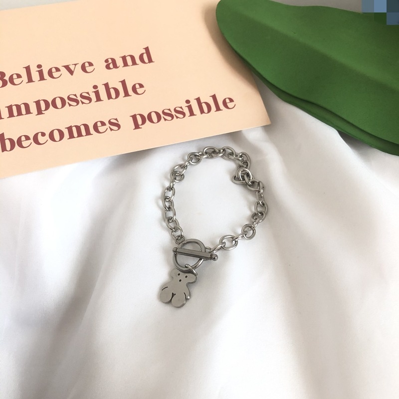 Vòng Tay Thép Titan Không Màu Hình Gấu Phong Cách Hip Hop Cá Tính Cho Nữ