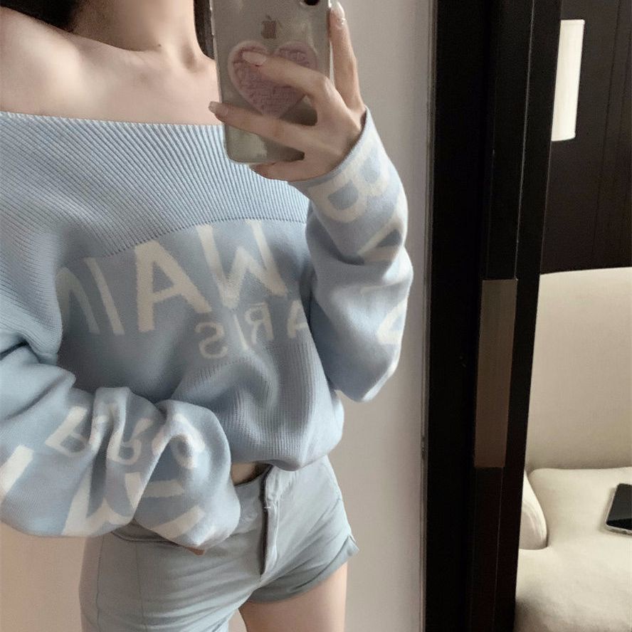 Áo Dệt Kim Trễ Vai Tay Dài Phong Cách Mùa Thu Mới