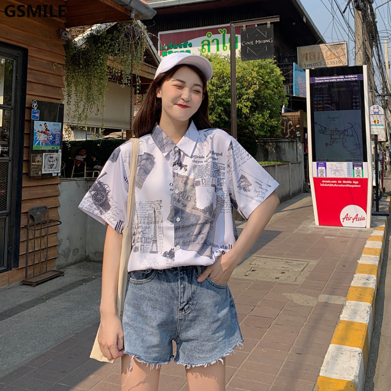 Áo sơ mi tay ngắn in họa tiết Harajuku phong cách Hàn Quốc cho nam/nữ | BigBuy360 - bigbuy360.vn