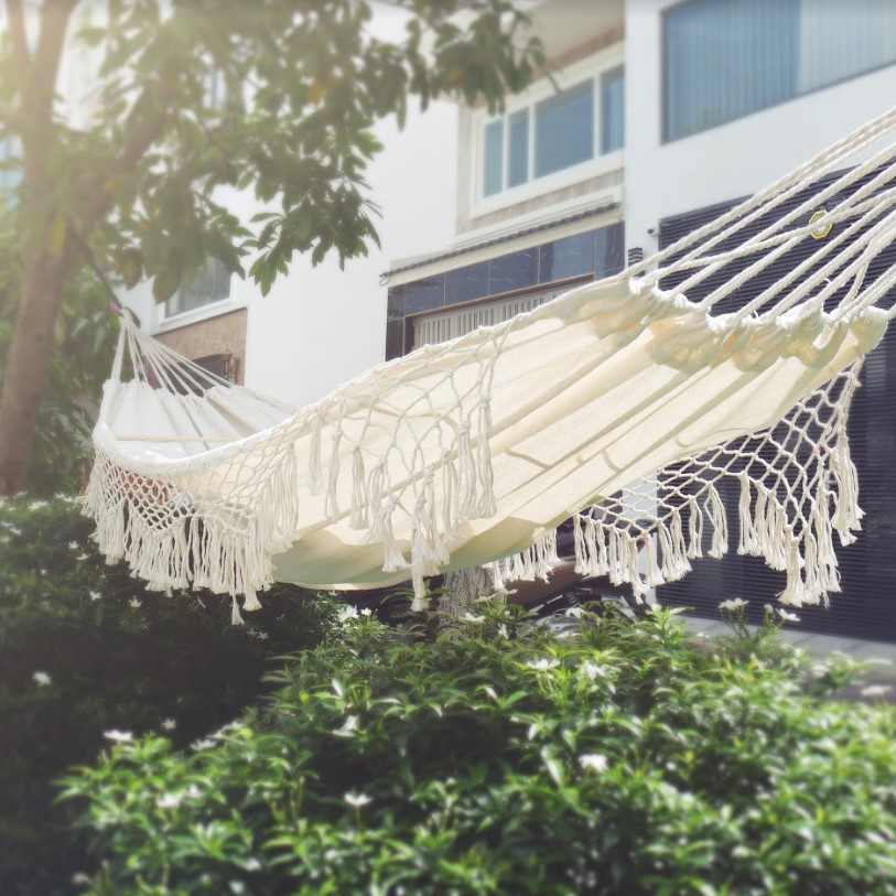 Võng Lưới Thanh Gỗ Tua Rua Boho Trang Trí Ngoài Trời Trang Trí Ngoài Biển 200x100cm