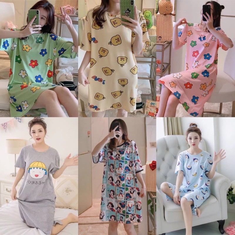 [HÀNG QUẢNG CHÂU] Váy Ngủ Hoạt Hình Cute  Đầm Ngủ Suông Chất Cotton Mềm Mát  Mẫu 2021