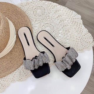[NOWSHIP HN] Dép nữ quai bèo nhún đính đá soàn mũi vuông đế bệt đi biển đi chơi mùa hè màu đen/trắng đẹp mới hot xinh