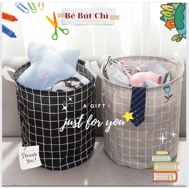 (41x35cm) Sọt đựng quần áo vải bố, Giỏ canvas chống thấm họa tiết caro, động vật