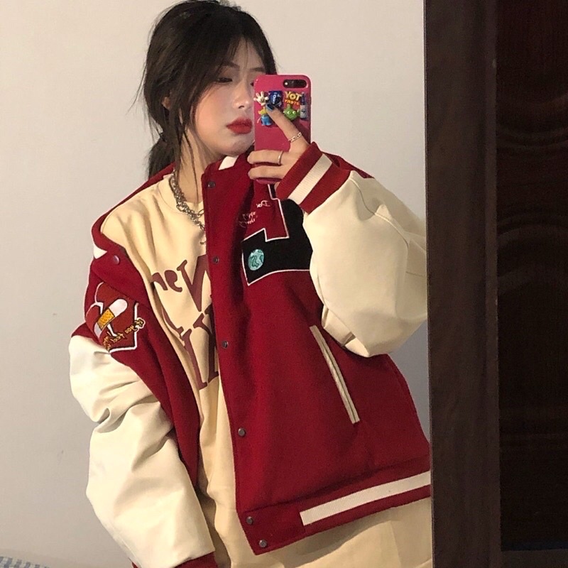 Áo Khoác Varsity Jacket Nỉ Hình Thêu Tay Da Cao Cấp