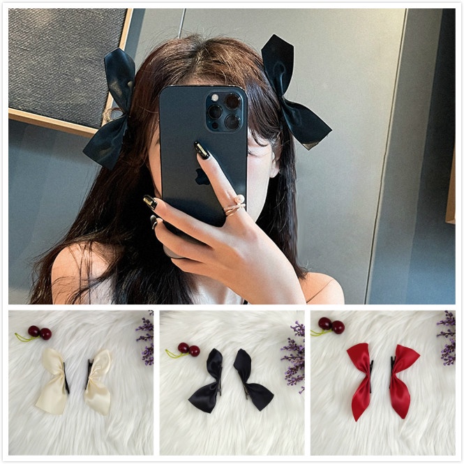 Kẹp tóc đính nơ nhung satin nhiều màu sắc đơn giản thanh lịch cho nữ